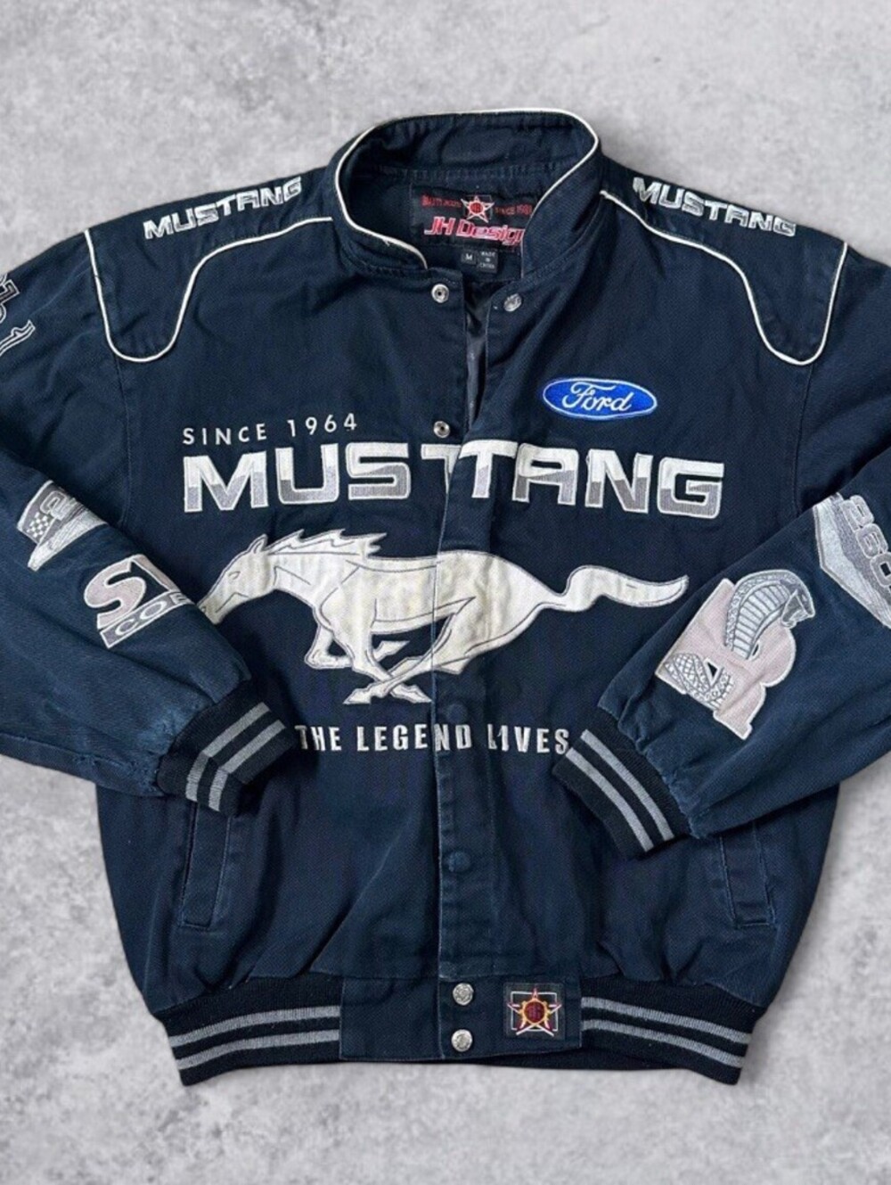 Vtg JH Design Ford Mustang Racing Jacket Mens Medium Black Embroidered SVT Cobra